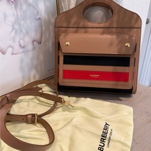 Burberry Beige and Red Tote with Black Stripes